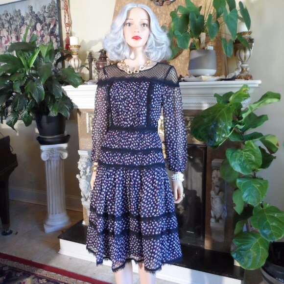 New Diane Von Furstenberg Navy Blue Multi 100% Silk Chiffon Peasant Dress Size 2 - Picture 2 of 16